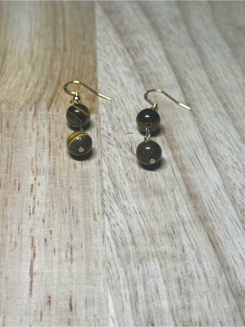 Tiger Eye Bead Drop Earrings - Gold Hooks